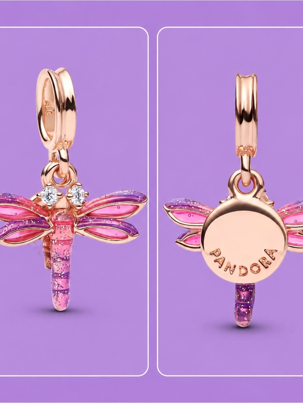 Pandora Rose Gold Pink Dragonfly Dangle Charm with Sparkle
